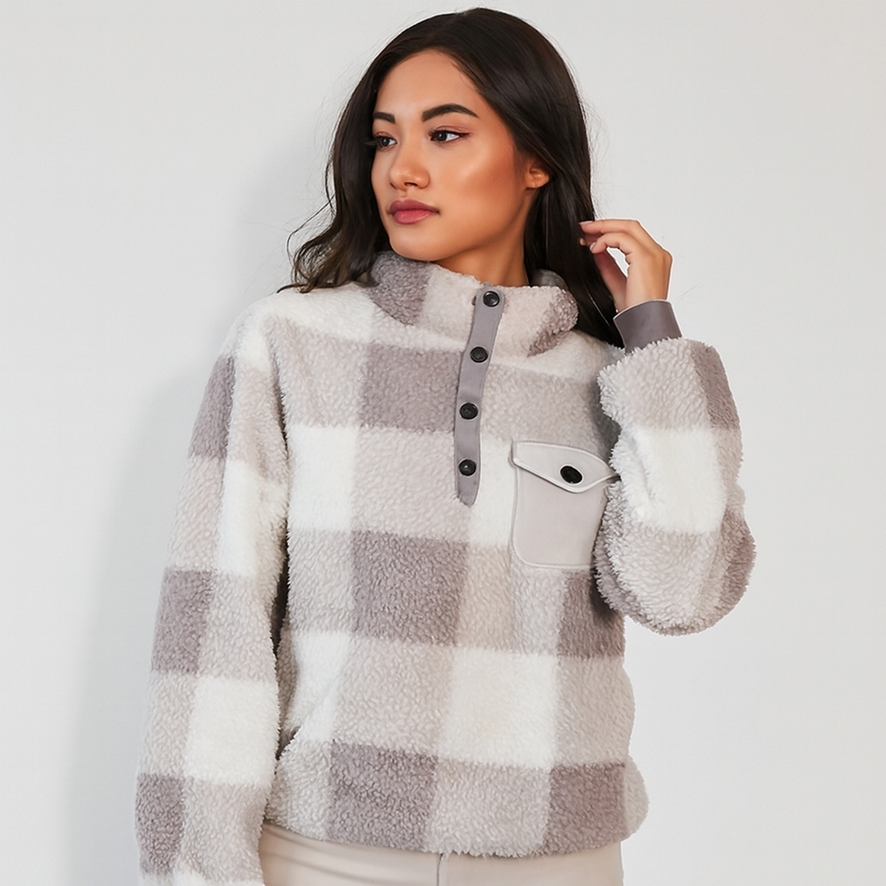 Chicyea Sherpa Buffalo Plaid Pullover Blanket Sweatshirt Gray White XXL